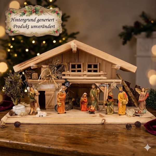 Traditionelle Weihnachtskrippe Roth inkl. 12-tlg. Figurensatz K 650-9, Maße Krippe: ca. 50 x 20 x 26 cm